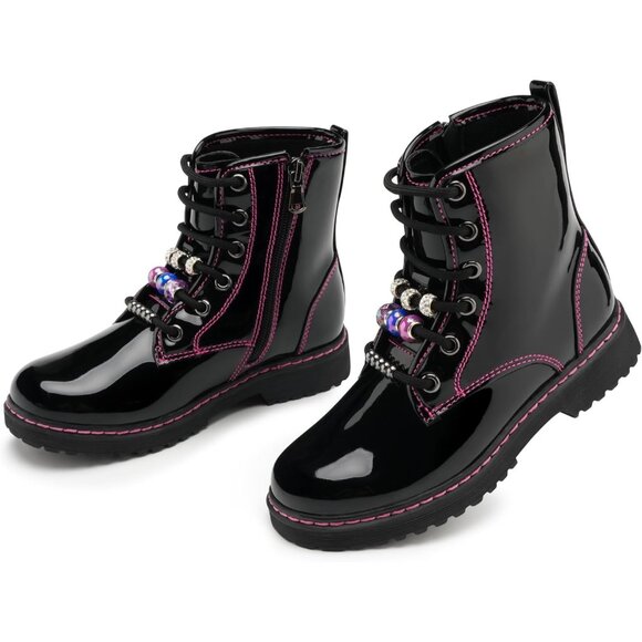Kids Black Pat Boots Toddler Girl Boots DIY Combat Ankle Boots Side Zipper - Picture 1 of 7